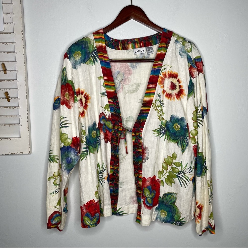 Chico’s Floral Linen Tie Front Kimono Top Size XL